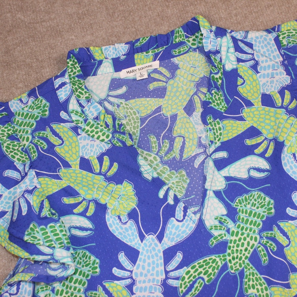 Mary Square Blue Lobster Print Ruffle Neck Flutter Sleeve Blouse Large